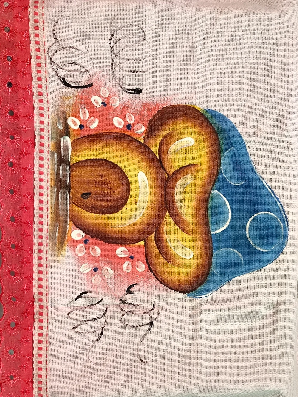 Hand-Painted Fruit & Mushroom Kitchen Towels - Yellow, Blue, Pink Set Of 2
